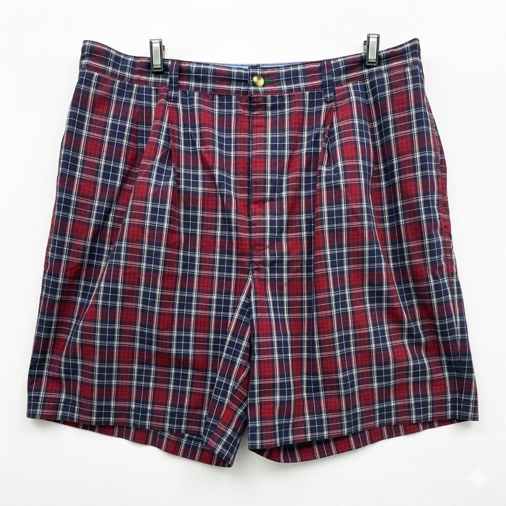 Tommy Hilfiger Golf Plaid Pleated Shorts Men's L Red Navy Cotton Preppy Classic